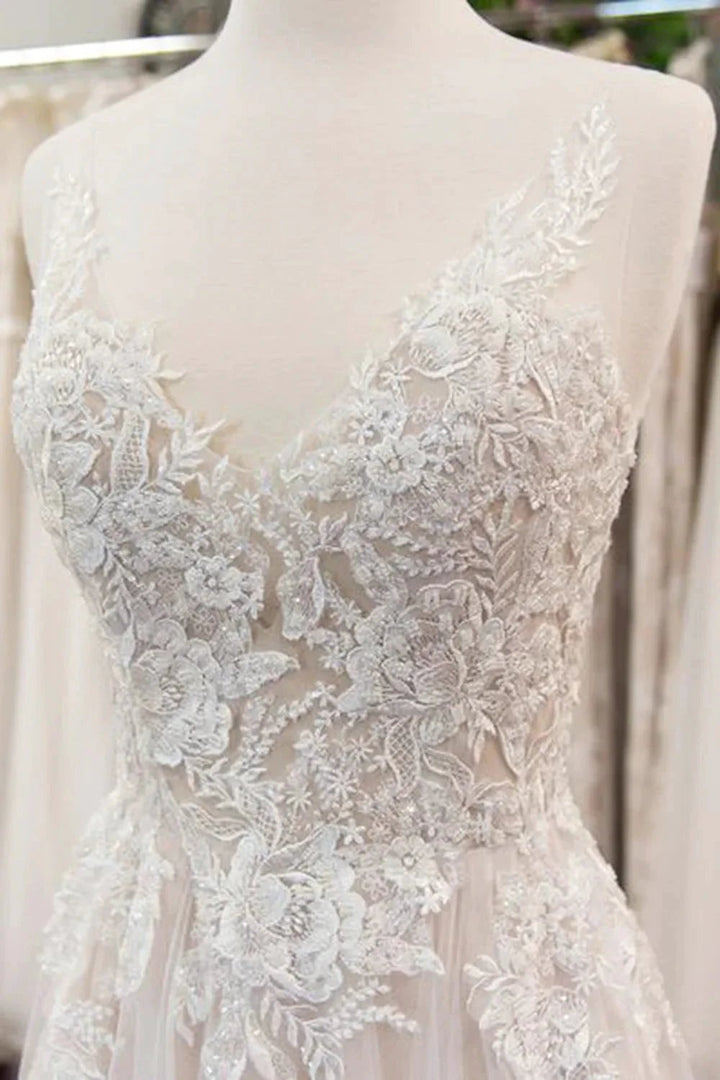 Chic Long A line V neck Appliques Lace Tulle Wedding Dress by BIZTUNNEL