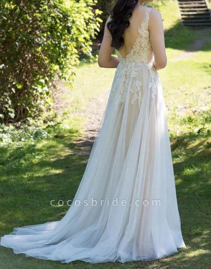 Chic Long A line V neck Appliques Lace Tulle Wedding Dress by BIZTUNNEL