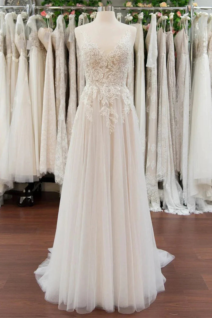 Chic Long A line V neck Appliques Lace Tulle Wedding Dress by BIZTUNNEL