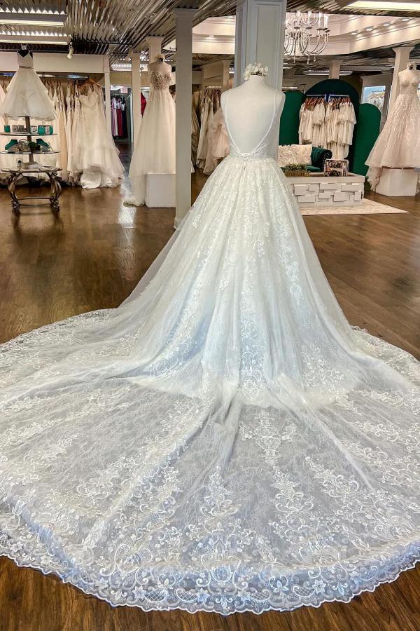 Chic Long A-line V-neck Floral Lace Open Back Wedding Dresses by BIZTUNNEL