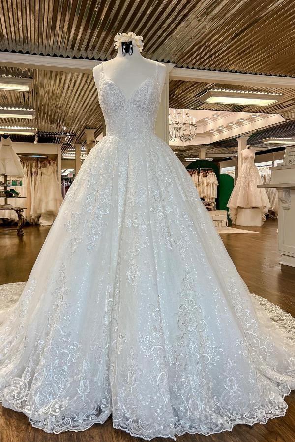 Chic Long A-line V-neck Floral Lace Open Back Wedding Dresses by BIZTUNNEL