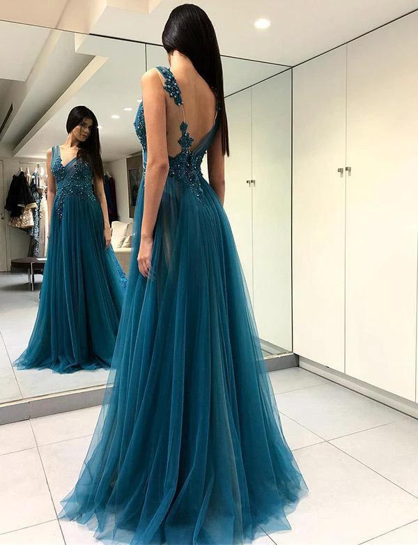 Chic Long A-line V-neck Tulle Backless Prom Dress with Slit by BIZTUNNEL
