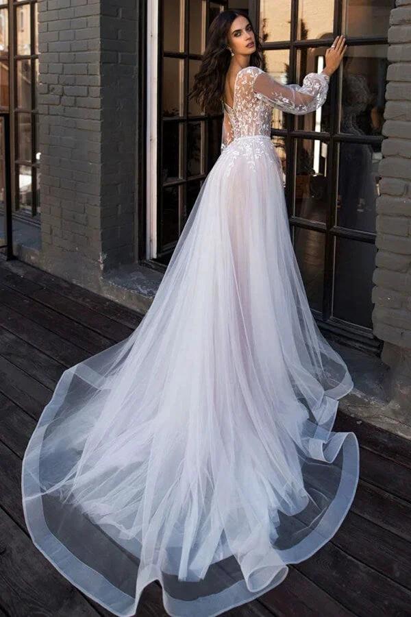Chic Long A-line V-neck Tulle Lace Chapel Train Wedding Dress with Sleeves by BIZTUNNEL
