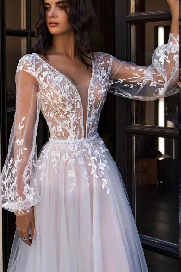 Chic Long A-line V-neck Tulle Lace Chapel Train Wedding Dress with Sleeves by BIZTUNNEL