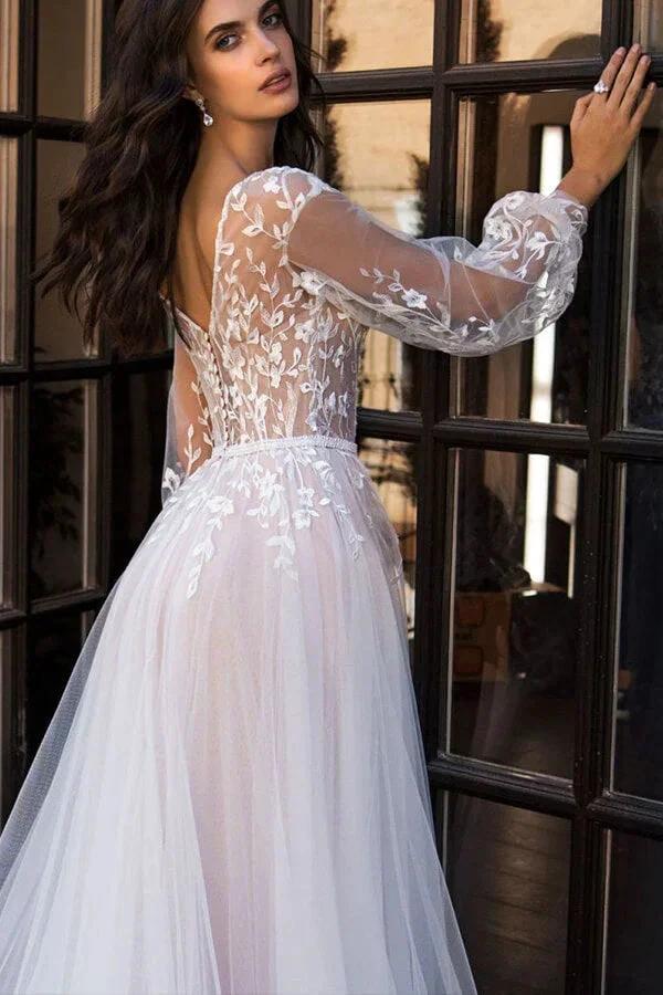 Chic Long A-line V-neck Tulle Lace Chapel Train Wedding Dress with Sleeves by BIZTUNNEL