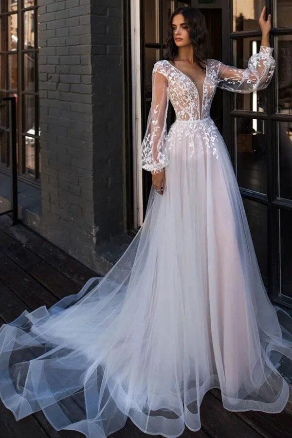 Chic Long A-line V-neck Tulle Lace Chapel Train Wedding Dress with Sleeves by BIZTUNNEL
