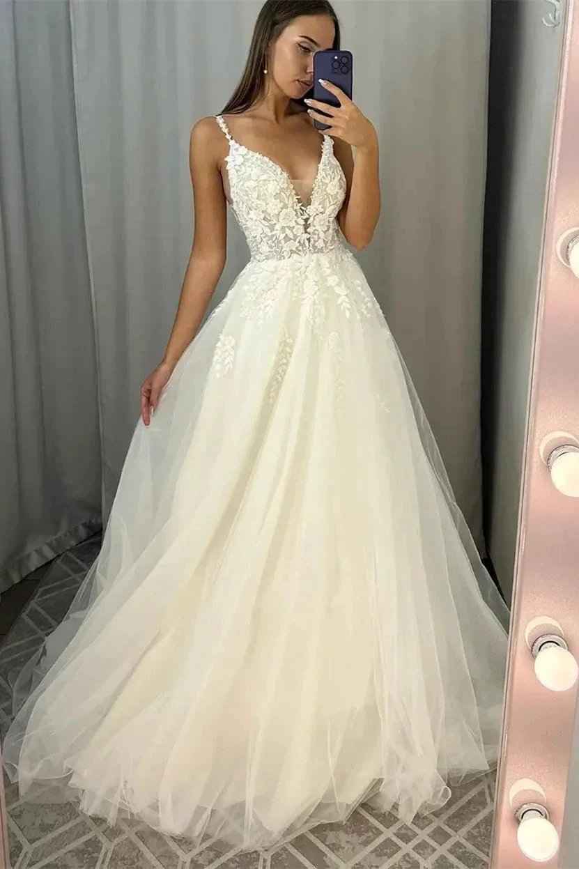 Chic Long Ivory A-line V-neck Tulle Sleeveless Wedding Dress With Lace by misshow.com
