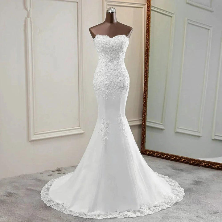 Chic Long Mermaid Strapless Lace Appliques Wedding Dress by BIZTUNNEL
