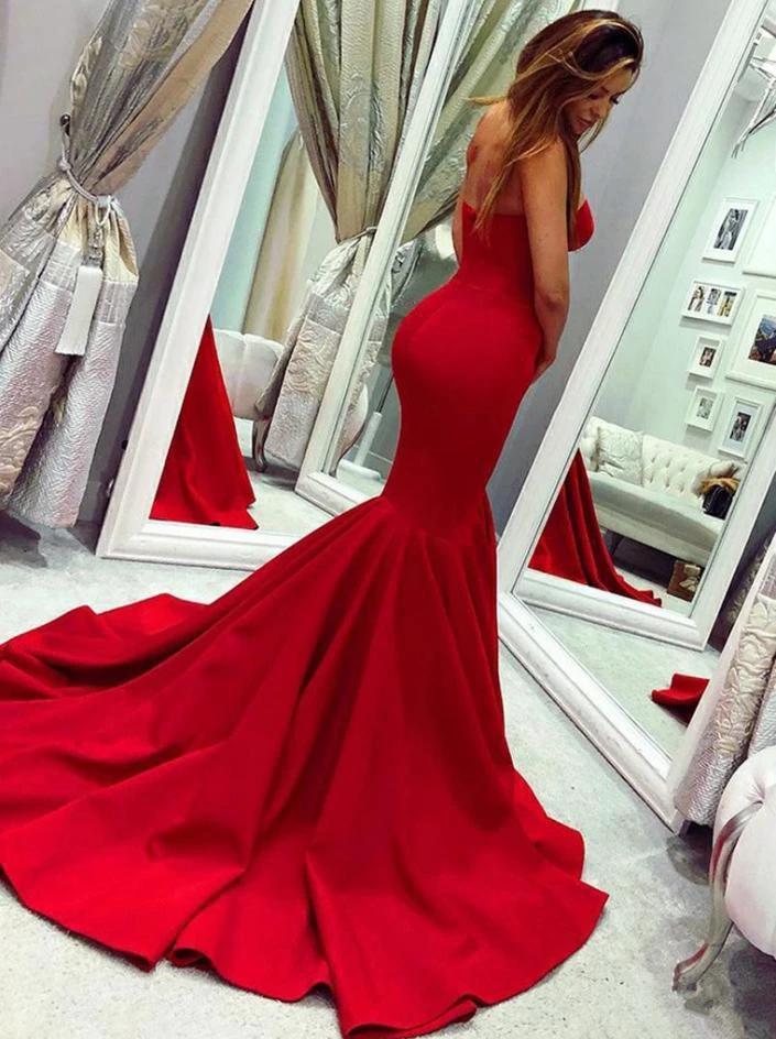 Chic Long Mermaid Sweetheart Satin Red Prom Dress by BIZTUNNEL