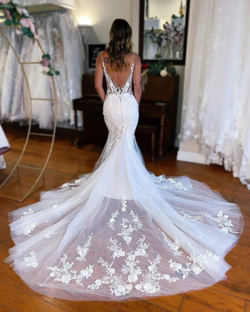 Chic Long Mermaid V-neck Sleeveless Lace Wedding Dress by misshow.com