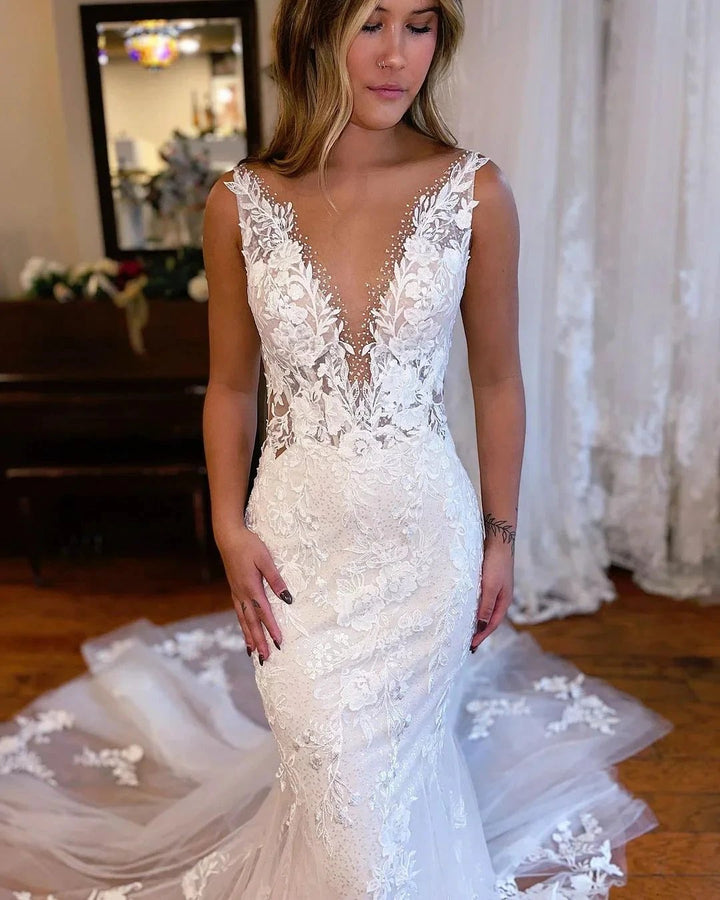 Chic Long Mermaid V-neck Sleeveless Lace Wedding Dress by misshow.com