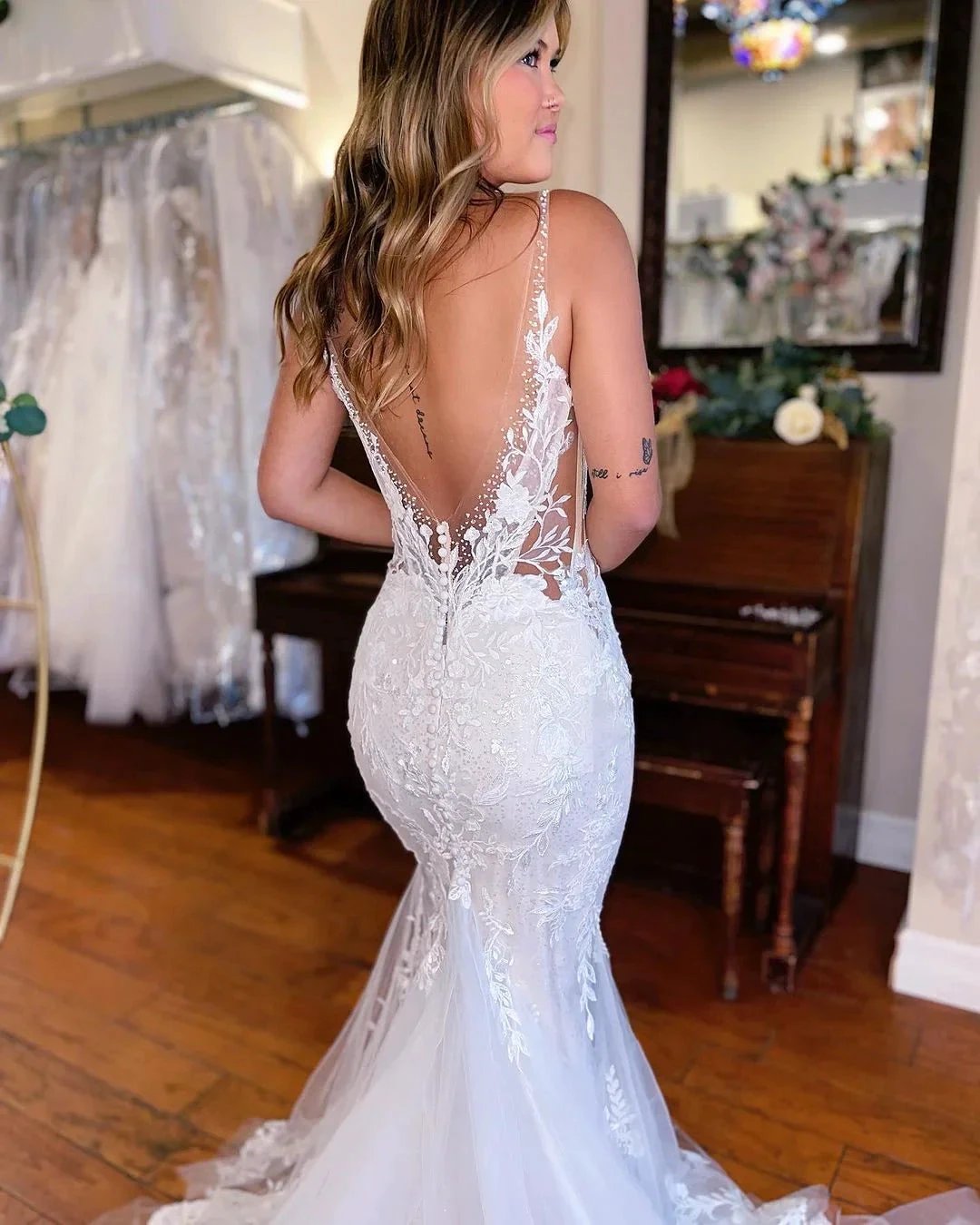 Chic Long Mermaid V-neck Sleeveless Lace Wedding Dress by misshow.com