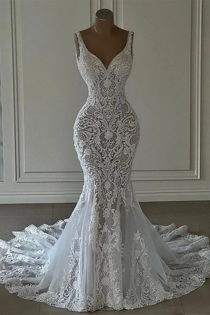 Chic Long Mermaid V-neck Sleeveless Wedding Dress With Lace by misshow.com