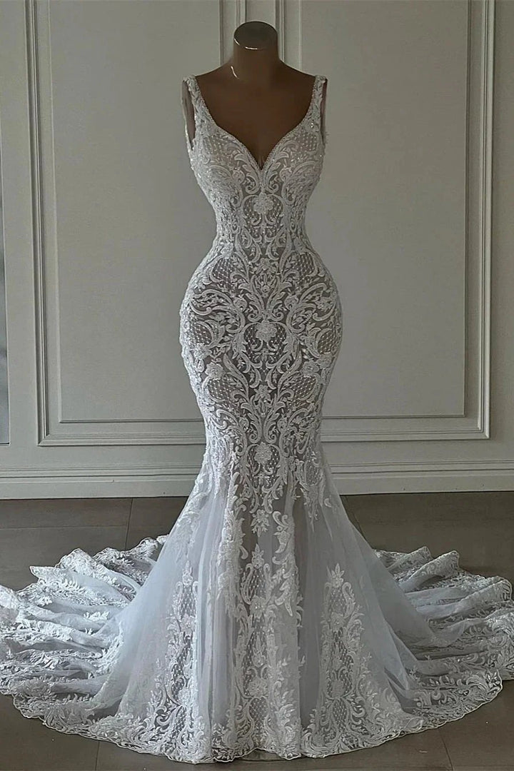 Chic Long Mermaid V-neck Sleeveless Wedding Dress With Lace by misshow.com