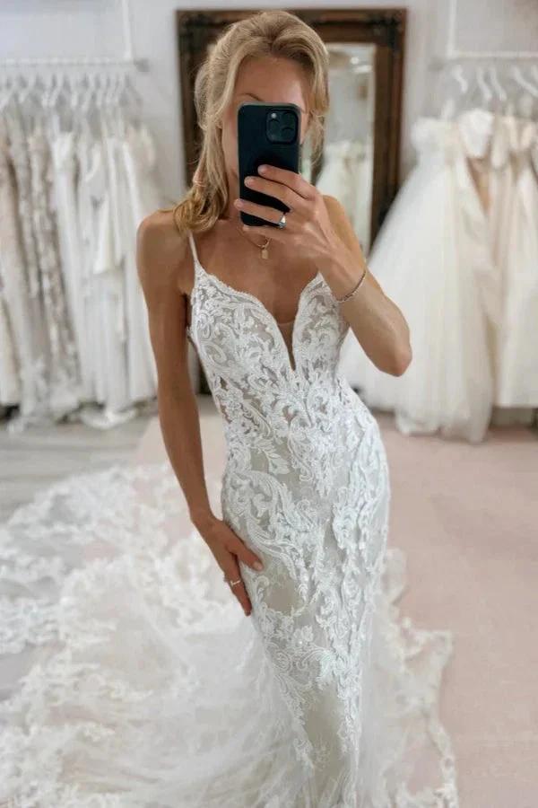 Chic Long Mermaid V-neck Spaghetti Straps Backless Lace Wedding Dress by misshow.com