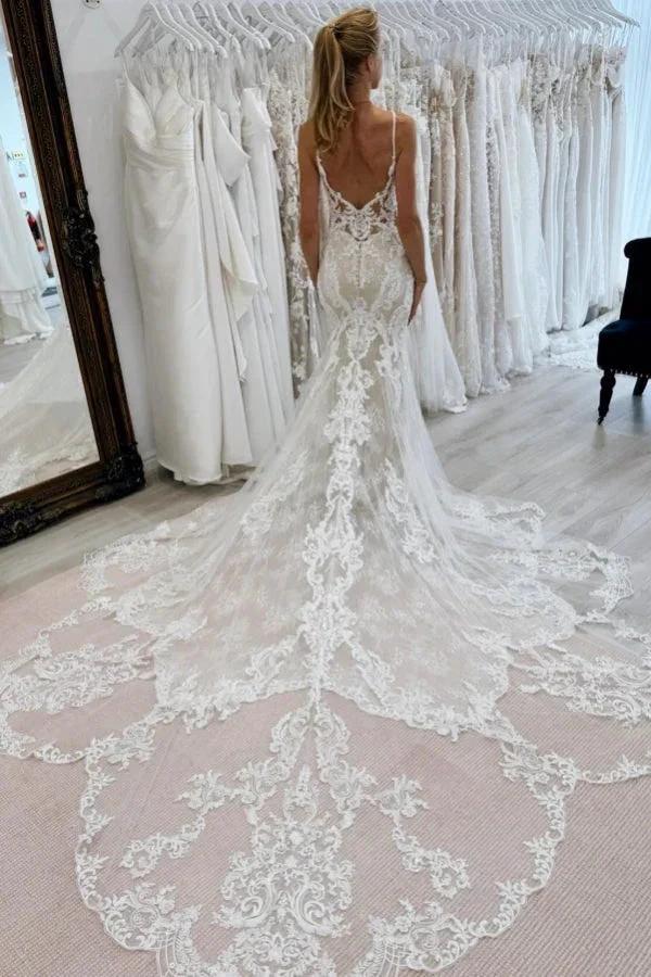 Chic Long Mermaid V-neck Spaghetti Straps Backless Lace Wedding Dress by misshow.com