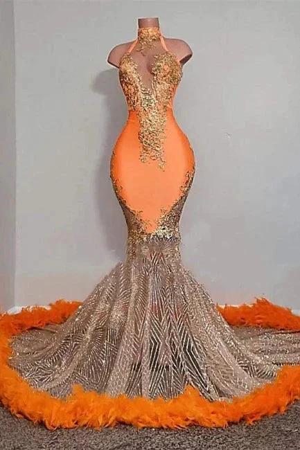 Chic Long Orange Halter Sleeveless Floor-Length Beading Mermaid Prom Dress by misshow.com