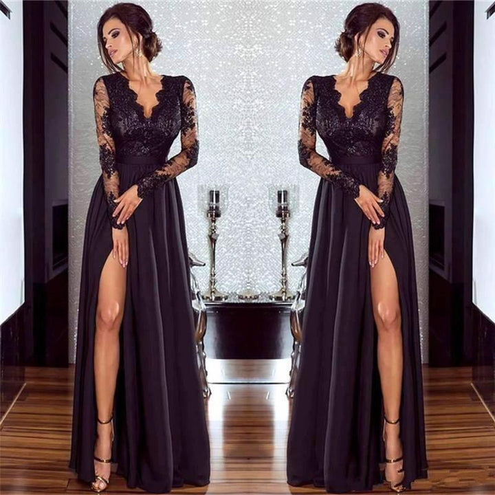 Chic Long Sleeves A-line V-neck Chiffon Lace Prom Dress with Slit by BIZTUNNEL