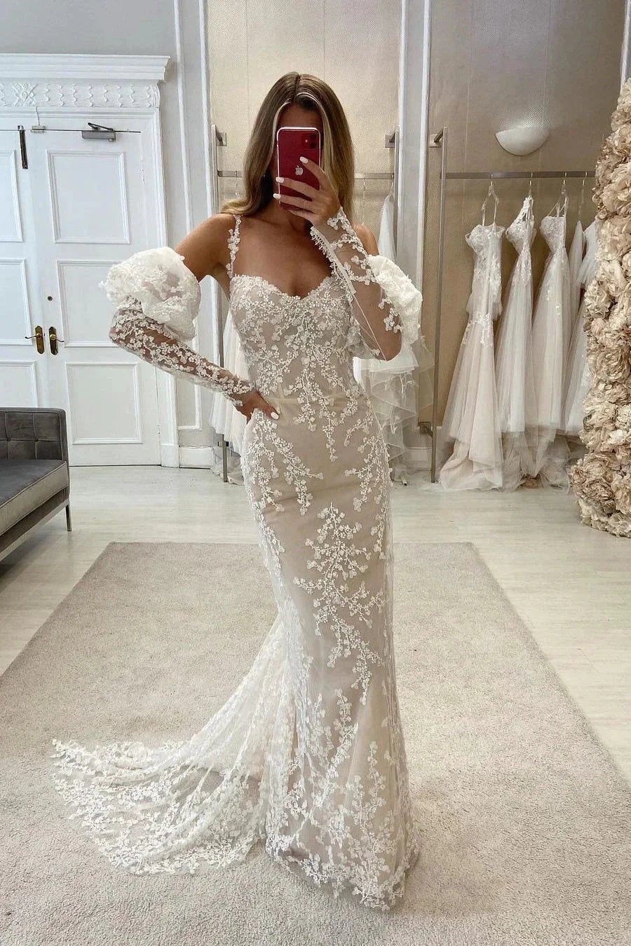 Chic Mermaid Appliques Straps Wedding Dress With Sleeves by misshow.com