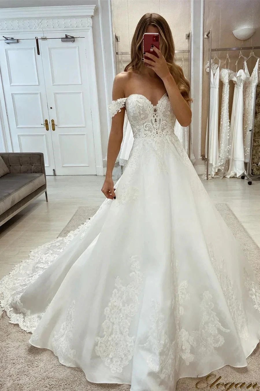 Chic Off-the-shoulder A-line Lace Satin Wedding Dress by misshow.com