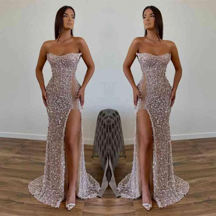Chic Sequined Floor Length Strapless A-line Prom Dress with Front Slit by misshow.com