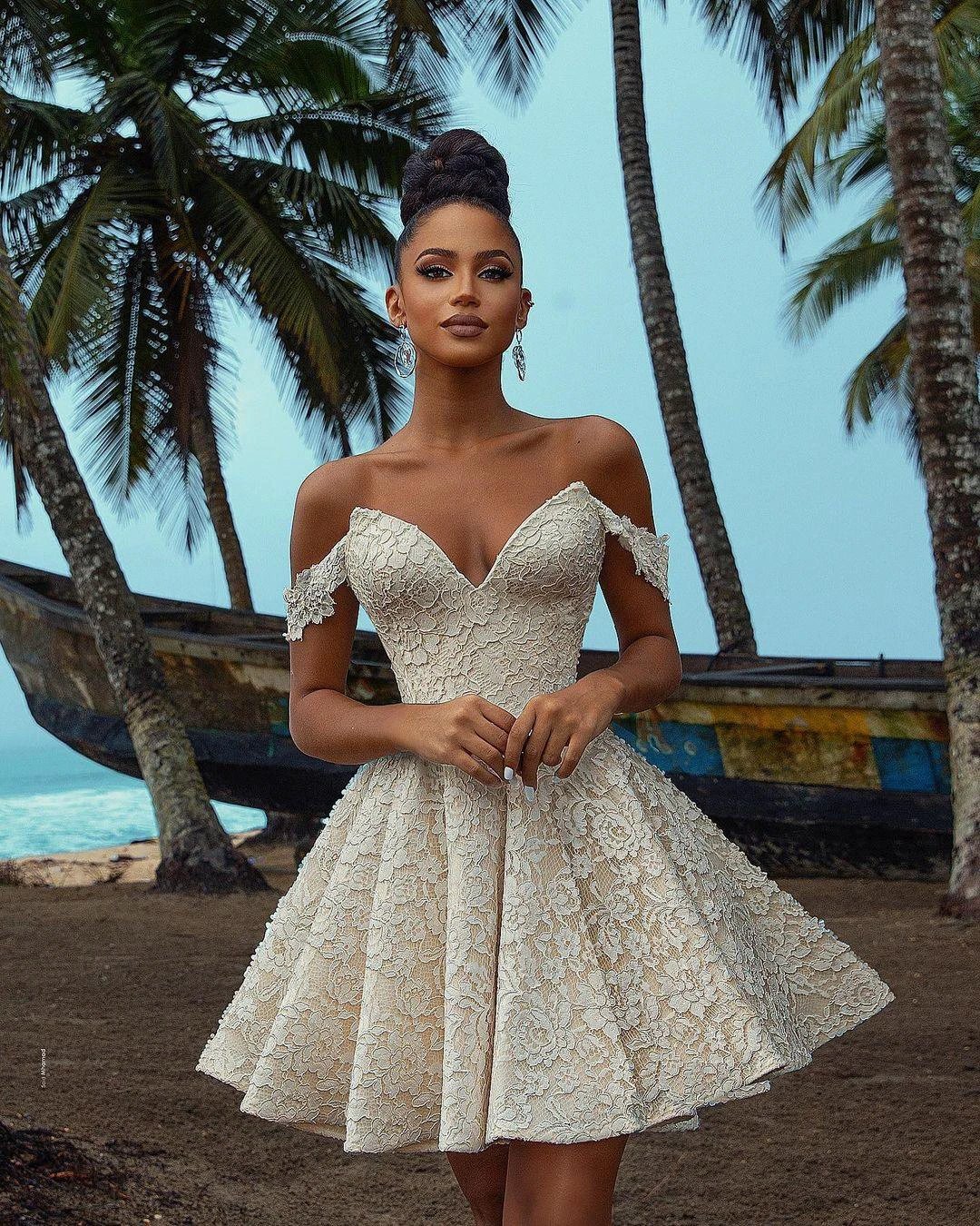 Chic Short A-line Off-the-shoulder Lace Wedding Dress by BIZTUNNEL
