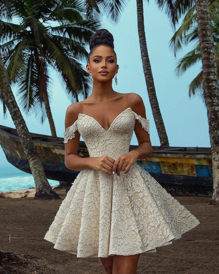 Chic Short A-line Off-the-shoulder Lace Wedding Dress by BIZTUNNEL