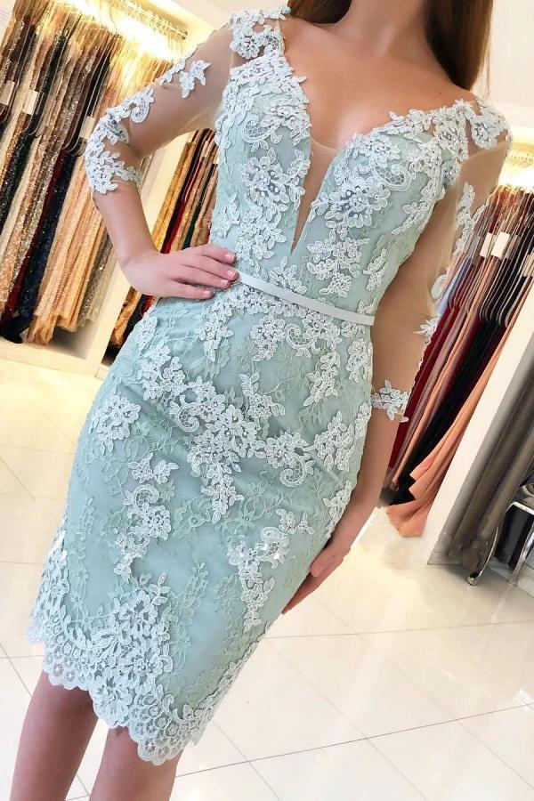 Short Mermaid Off-the-shoulder Lace Prom Dress with Sleeves by BIZTUNNEL