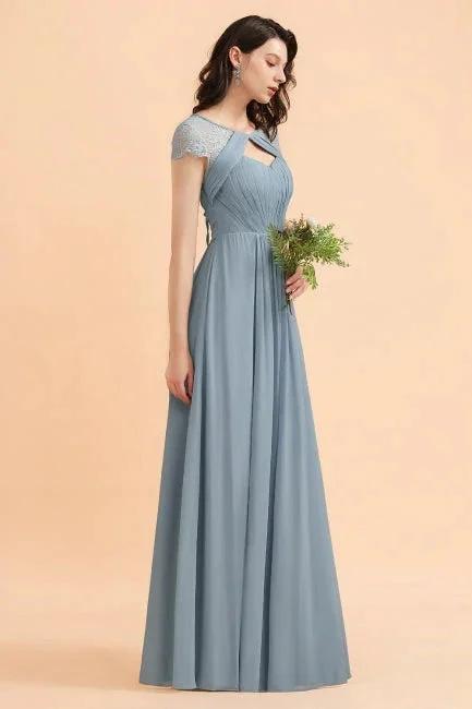Chic Short Sleeves Lace Chiffon Bridesmaid Dress with Ruffles by misshow.com