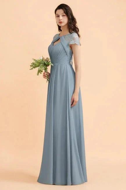 Chic Short Sleeves Lace Chiffon Bridesmaid Dress with Ruffles by misshow.com