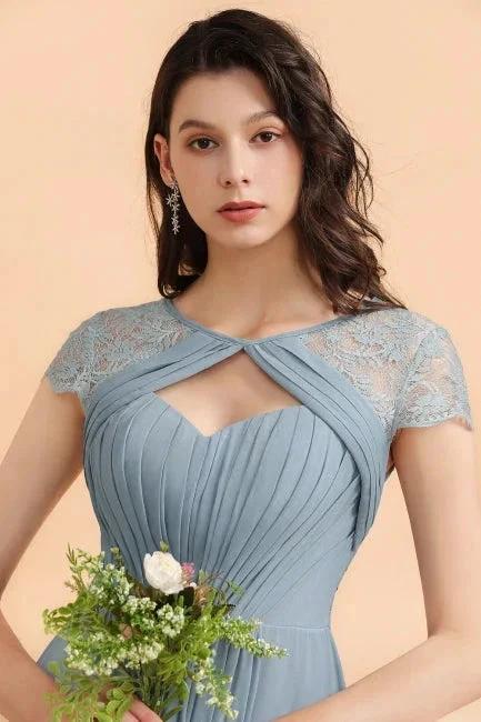 Chic Short Sleeves Lace Chiffon Bridesmaid Dress with Ruffles by misshow.com