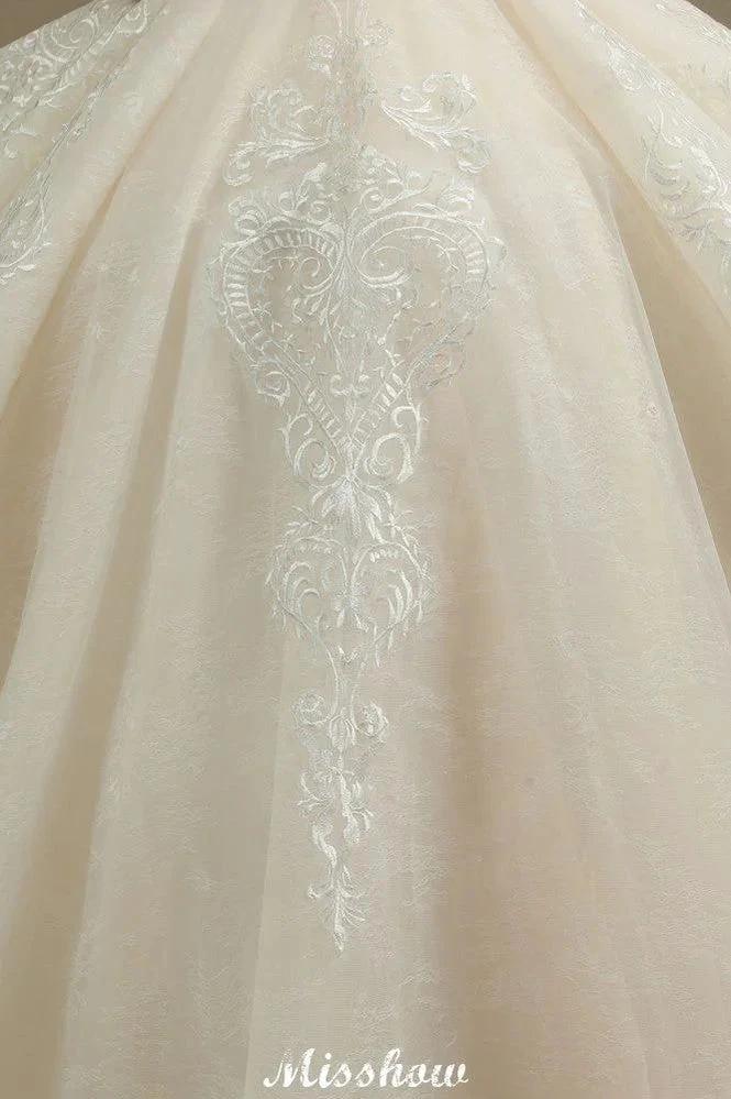Chic Short Sleeves Tulle Lace Appliques Bridal Gown Spring Garden Wedding Dress by misshow.com