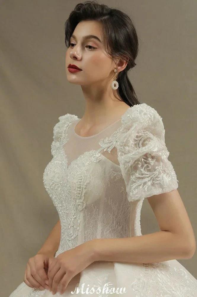 Chic Short Sleeves Tulle Lace Appliques Bridal Gown Spring Garden Wedding Dress by misshow.com