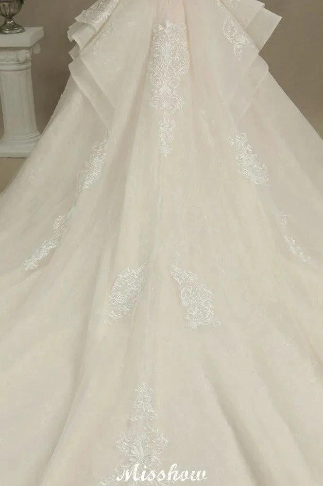 Chic Short Sleeves Tulle Lace Appliques Bridal Gown Spring Garden Wedding Dress by misshow.com