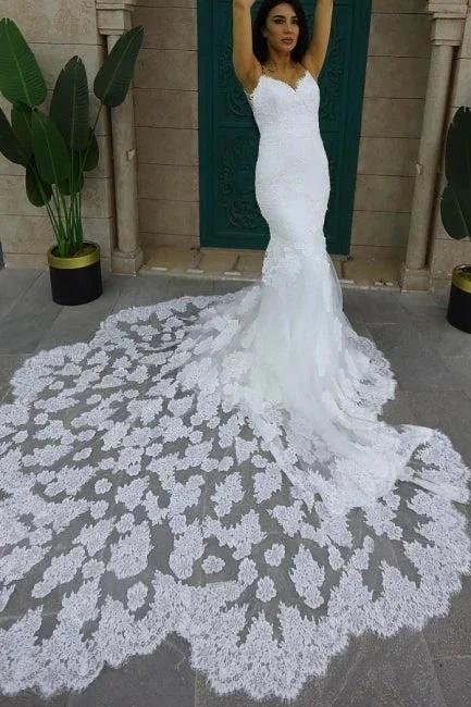 Chic Sleeveless Spaghetti Straps Mermaid Wedding Dress with Chapel Train by misshow.com