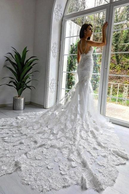Chic Sleeveless Spaghetti Straps Mermaid Wedding Dress with Chapel Train by misshow.com