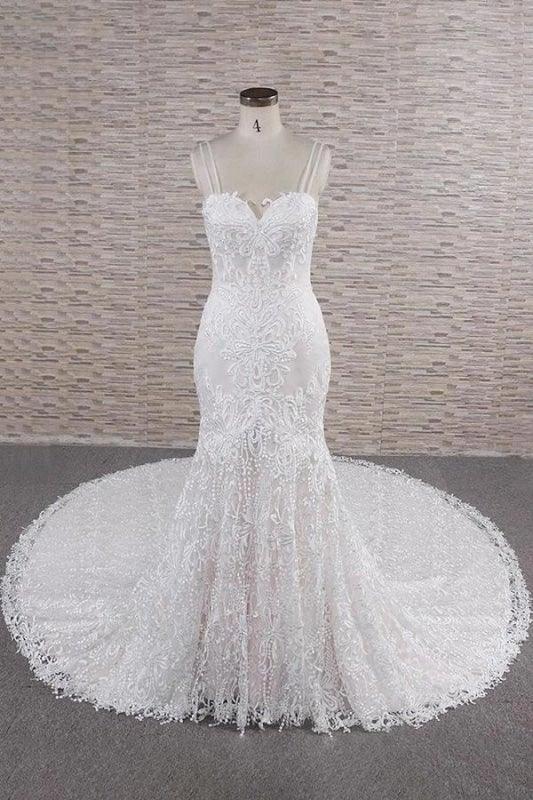 Chic Spaghetti Strap Appliques Mermaid Elegant Wedding Dresses by misshow.com