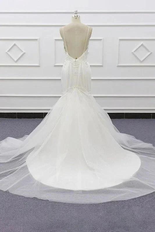Chic Spaghetti Strap Beading Mermaid Elegant Wedding Dresses by misshow.com