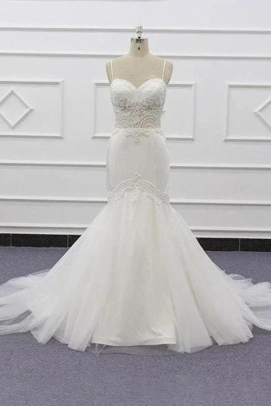 Chic Spaghetti Strap Beading Mermaid Elegant Wedding Dresses by misshow.com
