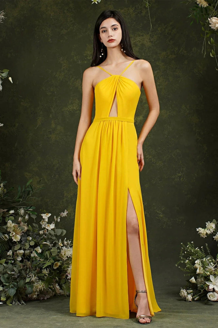 Chic Spaghetti Straps Halter A-Line Floor-length Split Bridesmaid Dress With Pockets by misshow.com