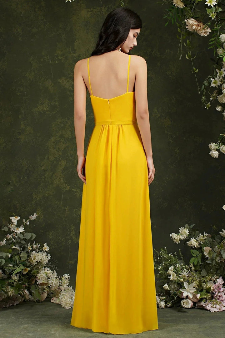 Chic Spaghetti Straps Halter A-Line Floor-length Split Bridesmaid Dress With Pockets by misshow.com