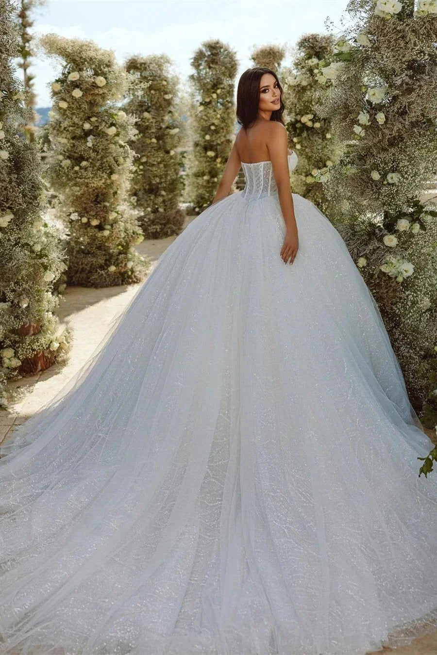 Chic Sweetheart A-line Sleeveless Glitter Tulle Wedding Dress With Train by misshow.com