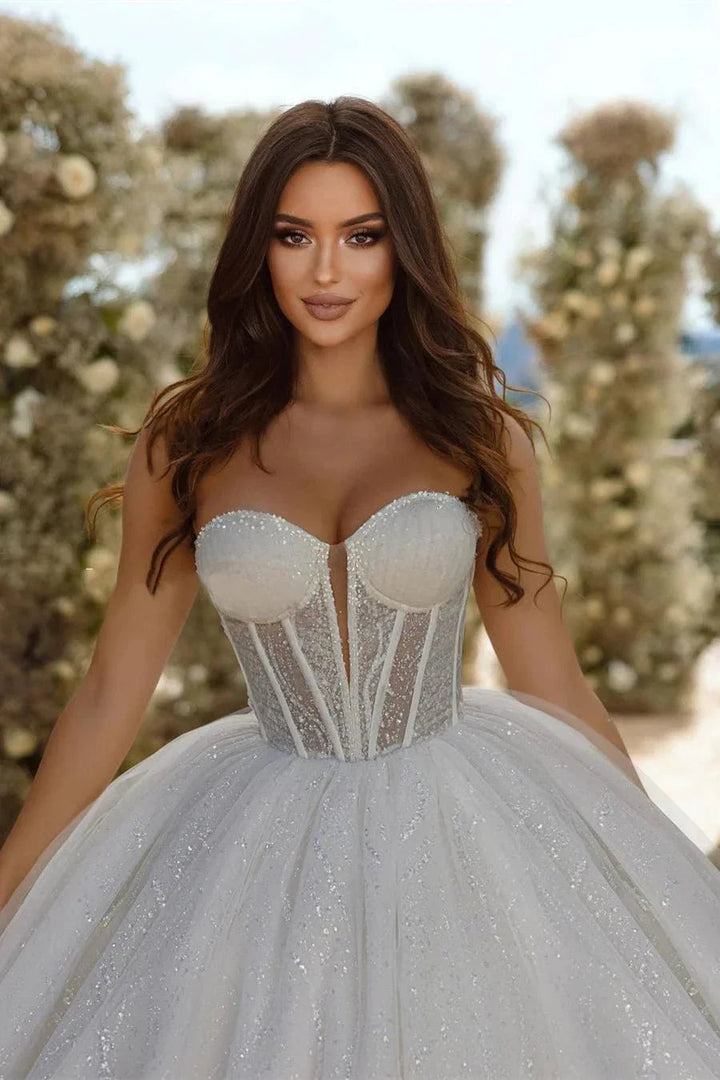 Chic Sweetheart A-line Sleeveless Glitter Tulle Wedding Dress With Train by misshow.com
