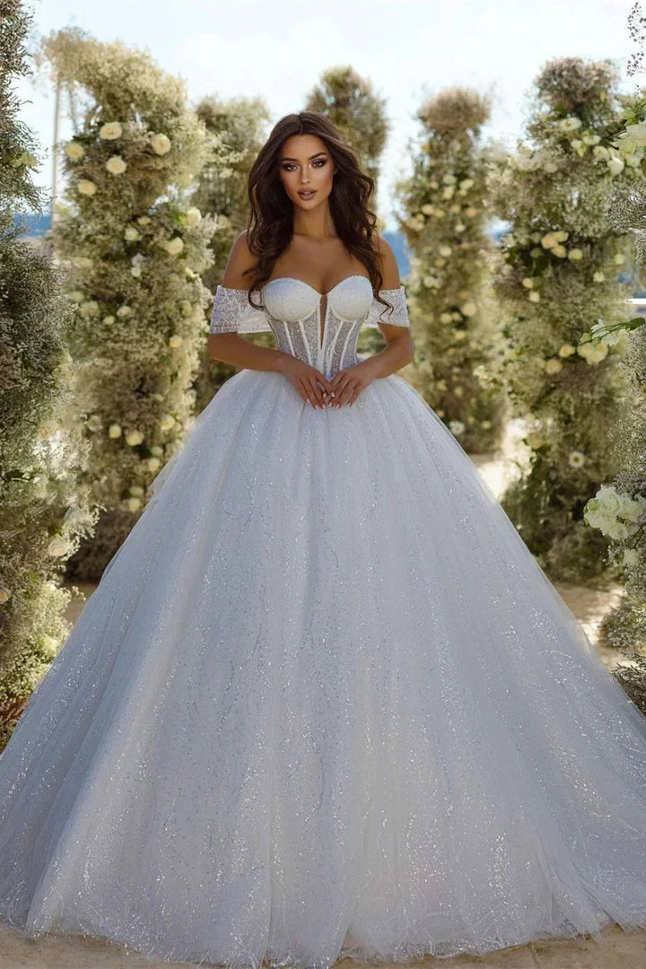 Chic Sweetheart A-line Sleeveless Glitter Tulle Wedding Dress With Train by misshow.com