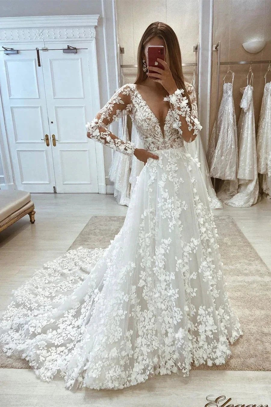 Chic V-neck A-line Lace Long Sleeves Floor Length Wedding dress by misshow.com