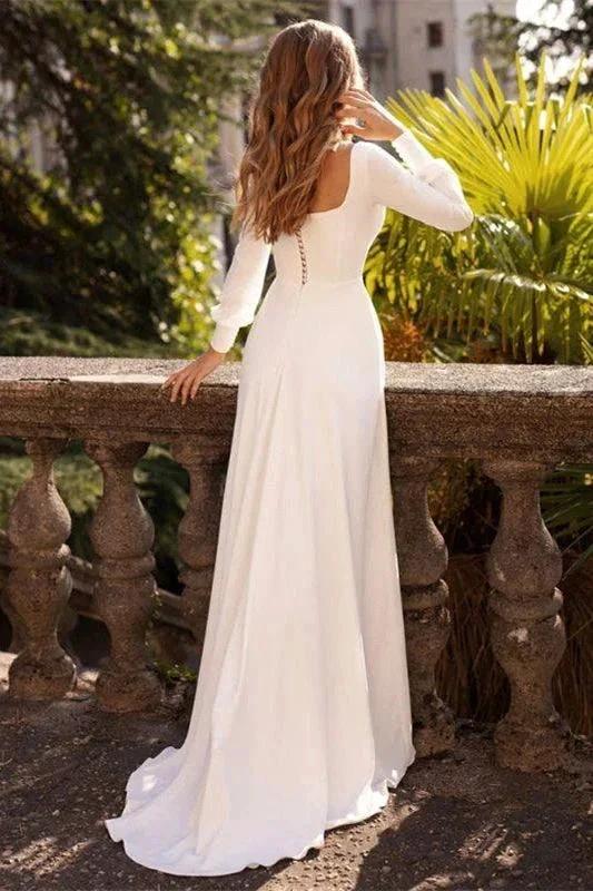 Chic White Satin Long Sleeves A-Line Wedding Dresses Long by misshow.com
