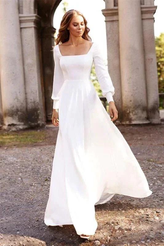 Chic White Satin Long Sleeves A-Line Wedding Dresses Long by misshow.com