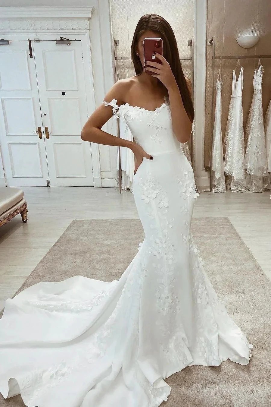 Chic White Straps Lace Sleeveless Satin Mermaid Wedding Dress With Train by misshow.com