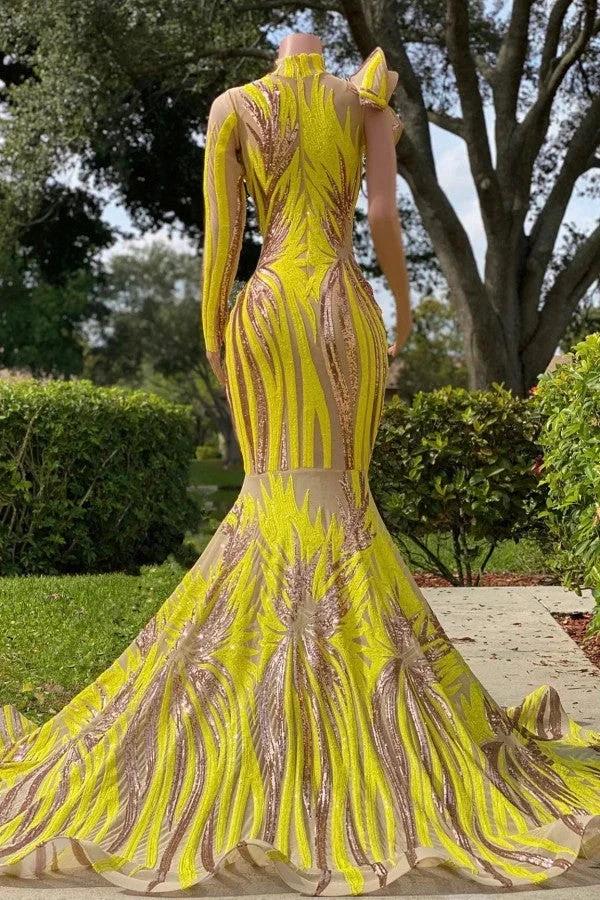 Chic Yellow High Neck Long Sleeve One Shoulder Mermaid Prom Dress by misshow.com