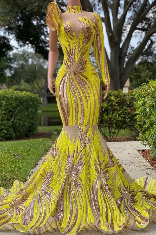 Chic Yellow High Neck Long Sleeve One Shoulder Mermaid Prom Dress by misshow.com